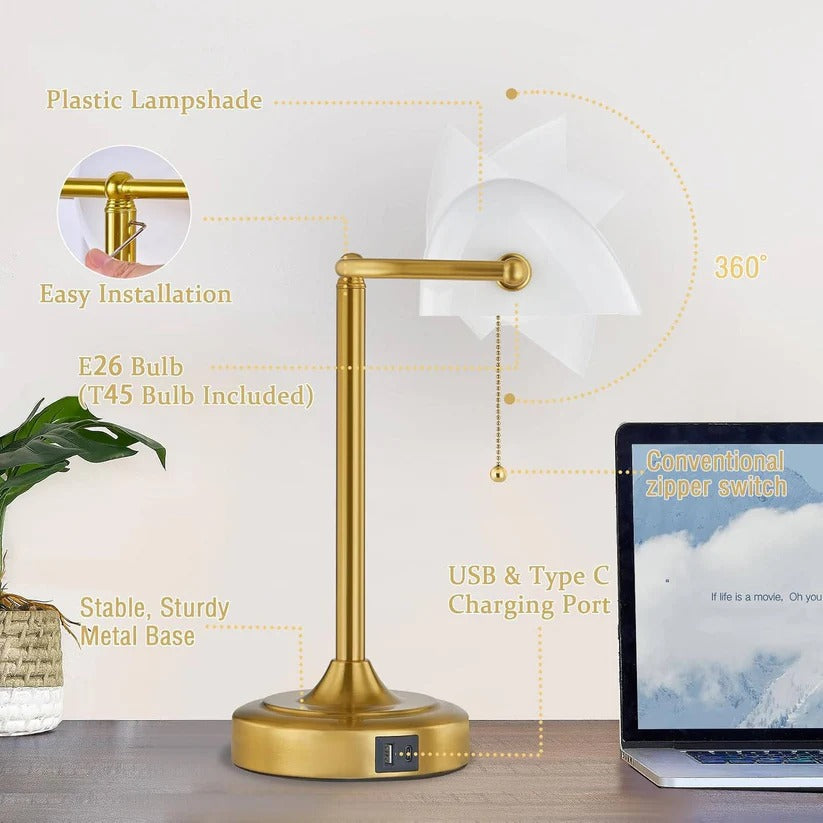Retro Desk Lamp with USB and Type C Charging Ports