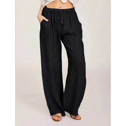 Women's Wide Leg Linen Blend Pants with Elastic Waist and Pockets