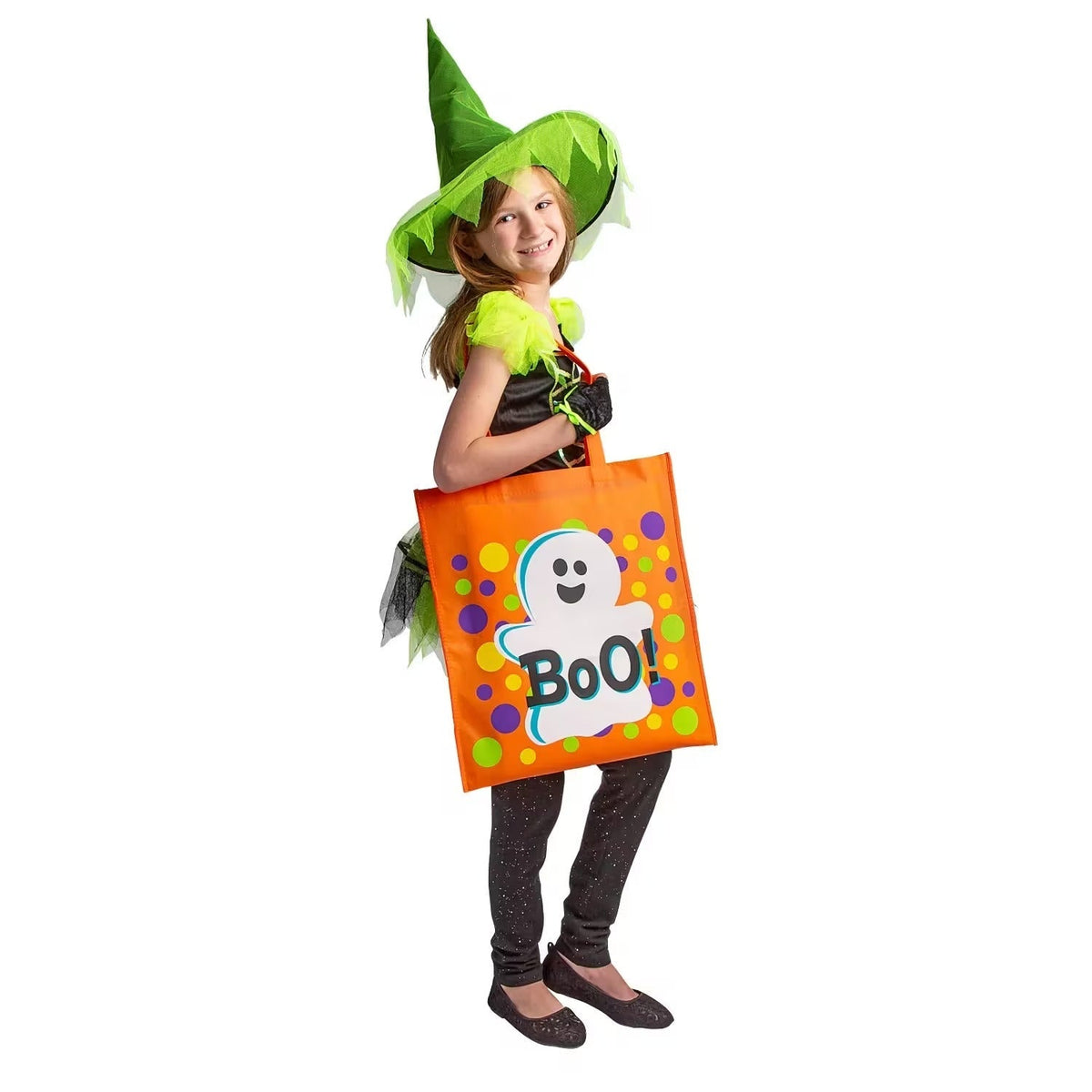 Reusable Fabric Halloween Totes Set of 12 in Green Purple Black and Orange for Candy Collecting