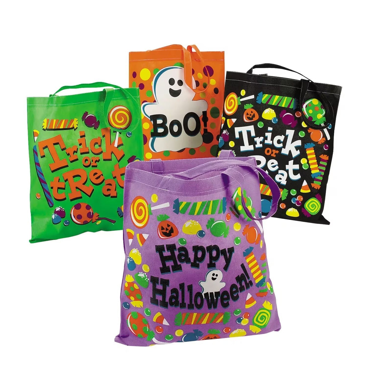 Reusable Fabric Halloween Totes Set of 12 in Green Purple Black and Orange for Candy Collecting