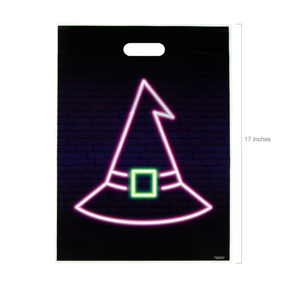 Black Halloween Goody Bags Pack of 100 with Neon Bat Pumpkin Witch Hat and Skull Outlines