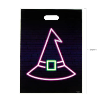 Black Halloween Goody Bags Pack of 100 with Neon Bat Pumpkin Witch Hat and Skull Outlines
