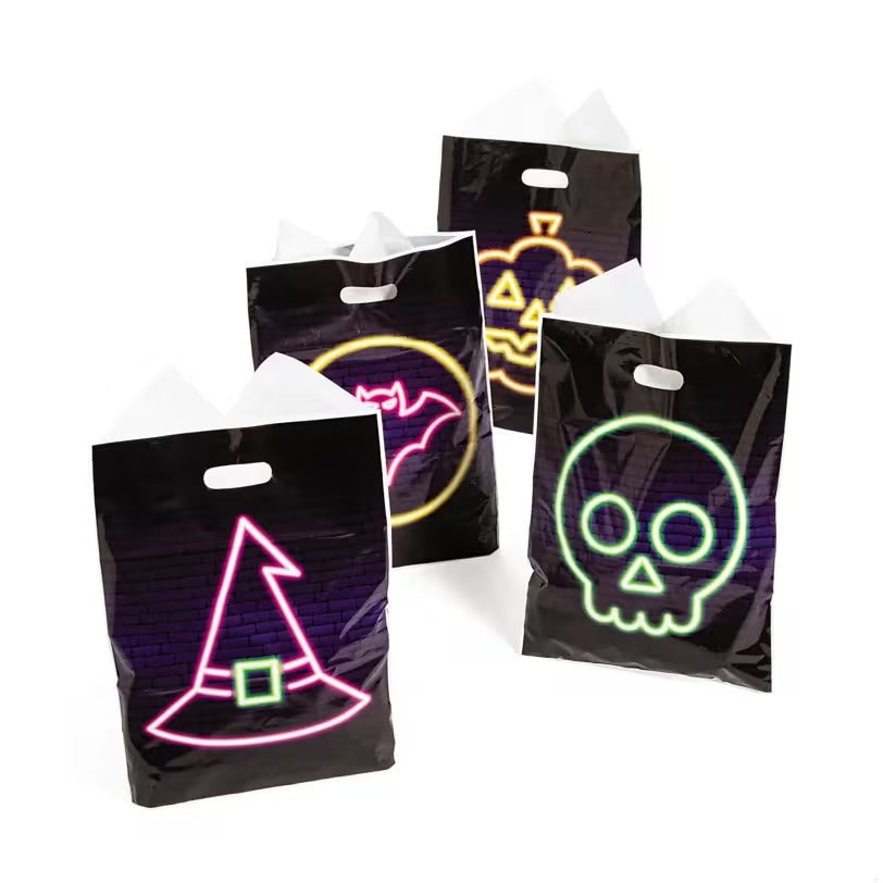 Black Halloween Goody Bags Pack of 100 with Neon Bat Pumpkin Witch Hat and Skull Outlines