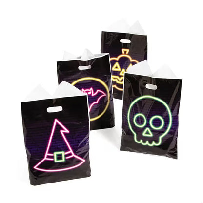 Black Halloween Goody Bags Pack of 100 with Neon Bat Pumpkin Witch Hat and Skull Outlines
