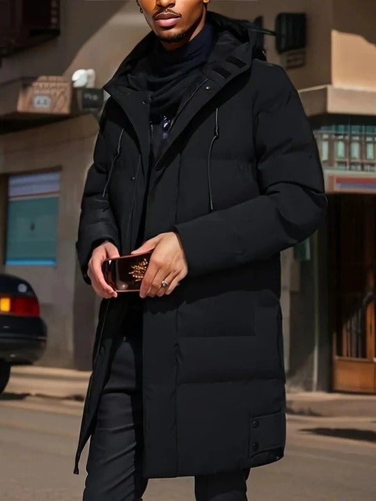 Mens Long Winter Jacket with Hood, Front Closure and Outer Pockets in Three Colors