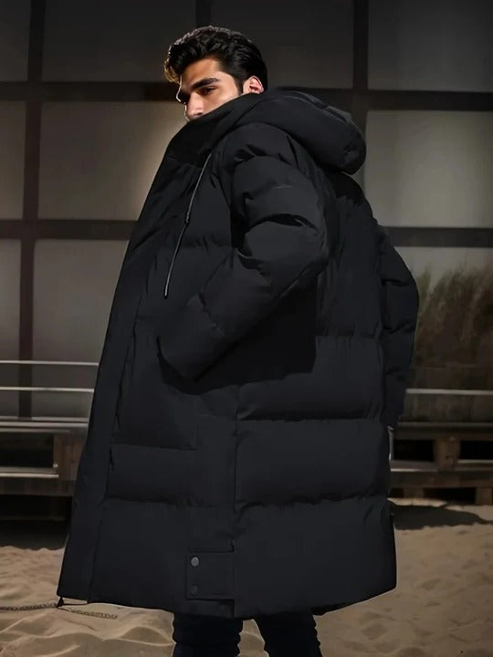 Mens Long Winter Jacket with Hood, Front Closure and Outer Pockets in Three Colors