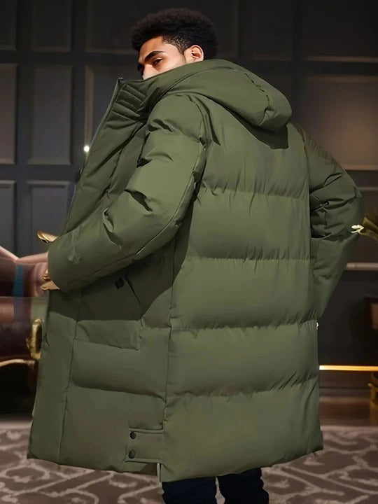 Mens Long Winter Jacket with Hood, Front Closure and Outer Pockets in Three Colors