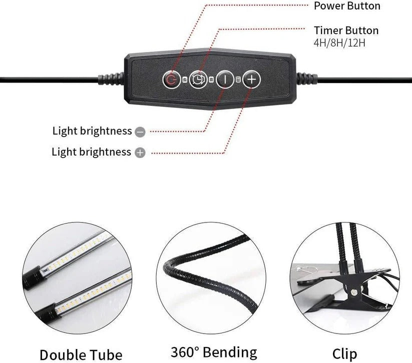 Clip On Plant Grow Light with Timer and Dual Gooseneck Arms for Indoor Use