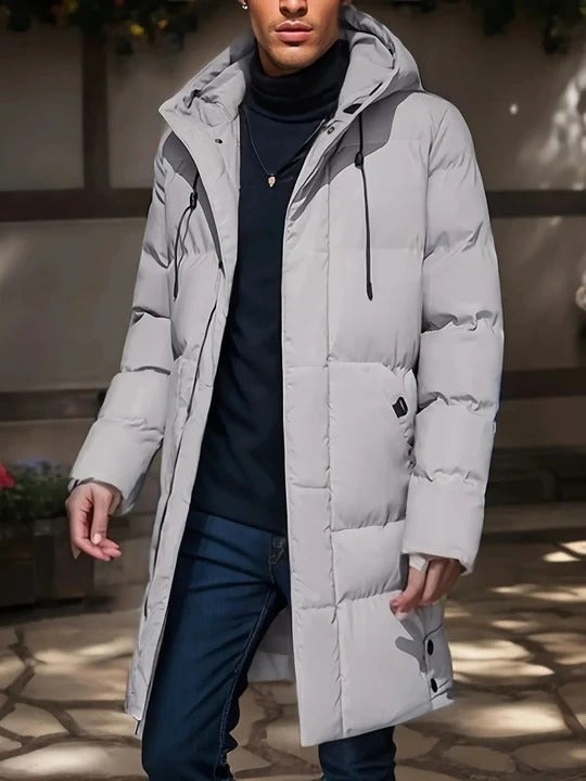 Mens Long Winter Jacket with Hood, Front Closure and Outer Pockets in Three Colors