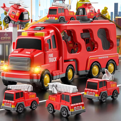 Fire Truck Transport Toy Set with Lights and 4 Friction Vehicles and Helicopter