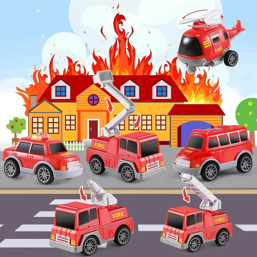 Fire Truck Transport Toy Set with Lights and 4 Friction Vehicles and Helicopter