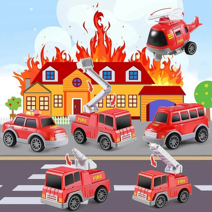 Fire Truck Transport Toy Set with Lights and 4 Friction Vehicles and Helicopter