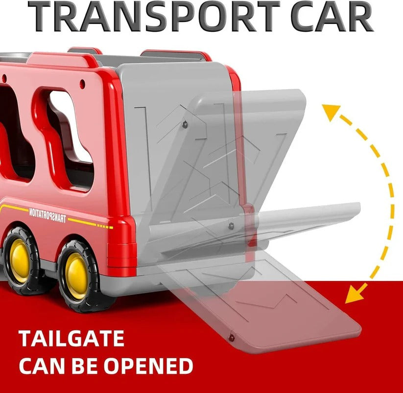 Fire Truck Transport Toy Set with Lights and 4 Friction Vehicles and Helicopter