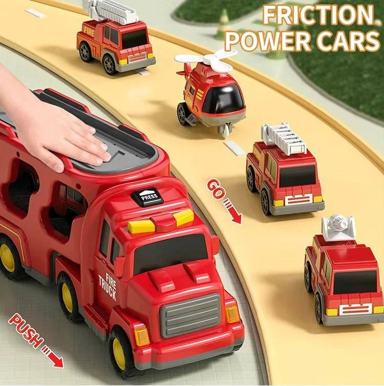 Fire Truck Transport Toy Set with Lights and 4 Friction Vehicles and Helicopter