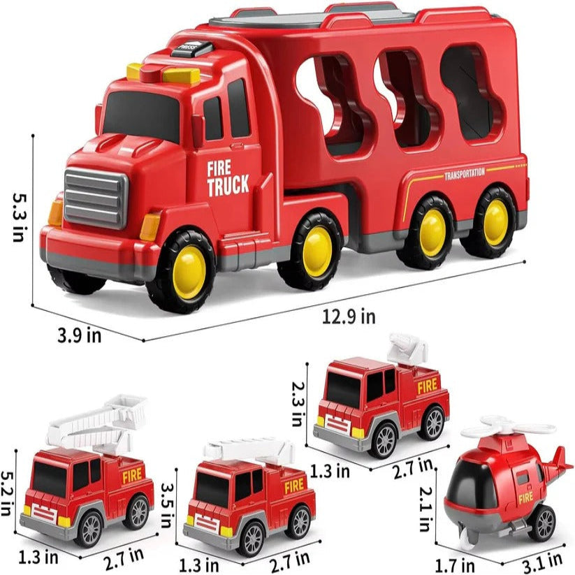 Fire Truck Transport Toy Set with Lights and 4 Friction Vehicles and Helicopter