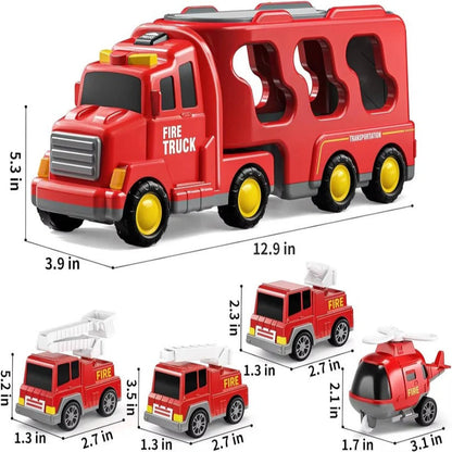 Fire Truck Transport Toy Set with Lights and 4 Friction Vehicles and Helicopter