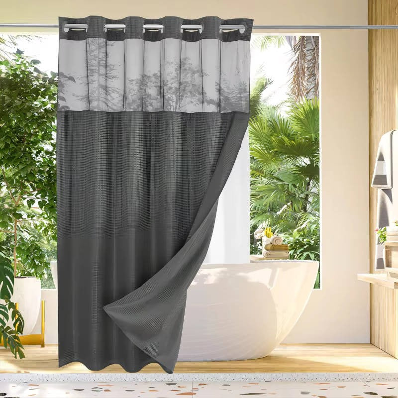 Waffle Weave Shower Curtain with Mesh Window and Snap In Liner
