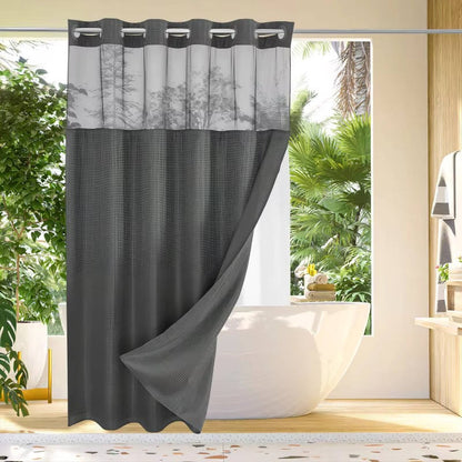 Waffle Weave Shower Curtain with Mesh Window and Snap In Liner
