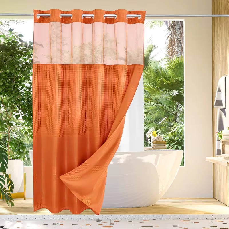 Waffle Weave Shower Curtain with Mesh Window and Snap In Liner