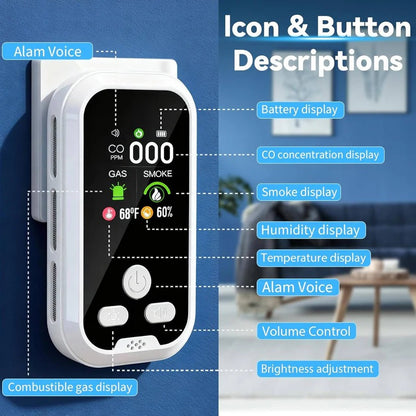 Rechargeable CO and Gas Detector with Smoke Alarm and LCD Display
