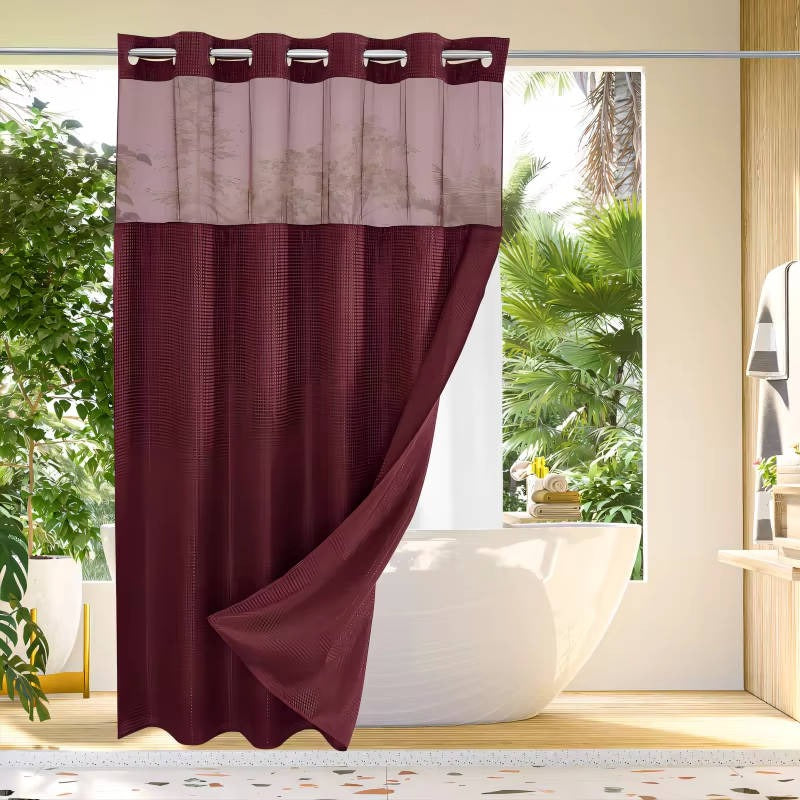Waffle Weave Shower Curtain with Mesh Window and Snap In Liner