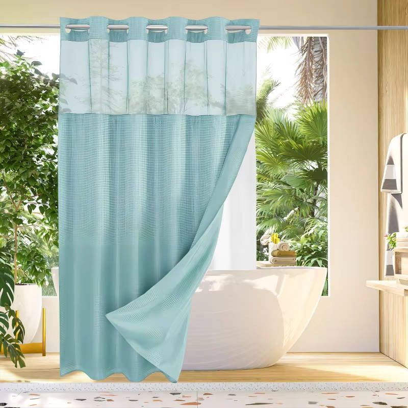 Waffle Weave Shower Curtain with Mesh Window and Snap In Liner