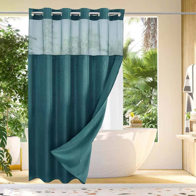 Waffle Weave Shower Curtain with Mesh Window and Snap In Liner