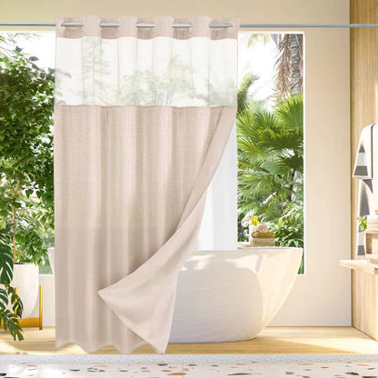 Waffle Weave Shower Curtain with Mesh Window and Snap In Liner