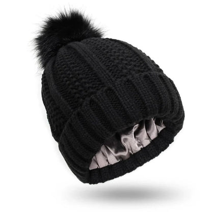 Silk Lined Pompom Beanie for Frizz Control and Static Free Hair