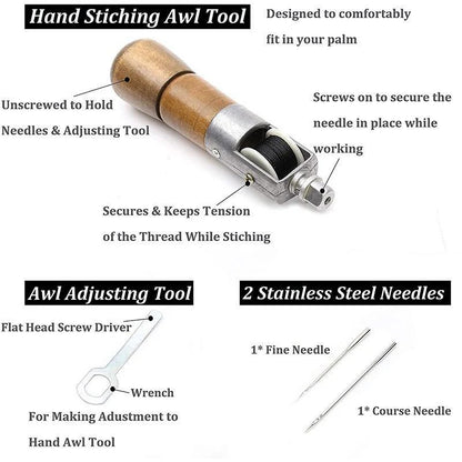 Leather Stitching Awl Set with Waxed Thread and Steel Needles for DIY Repair