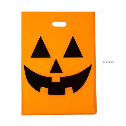 Large Plastic Halloween Bags Pack of 50 in Orange with Pumpkin Face and Handle Cutout for Candy Collecting