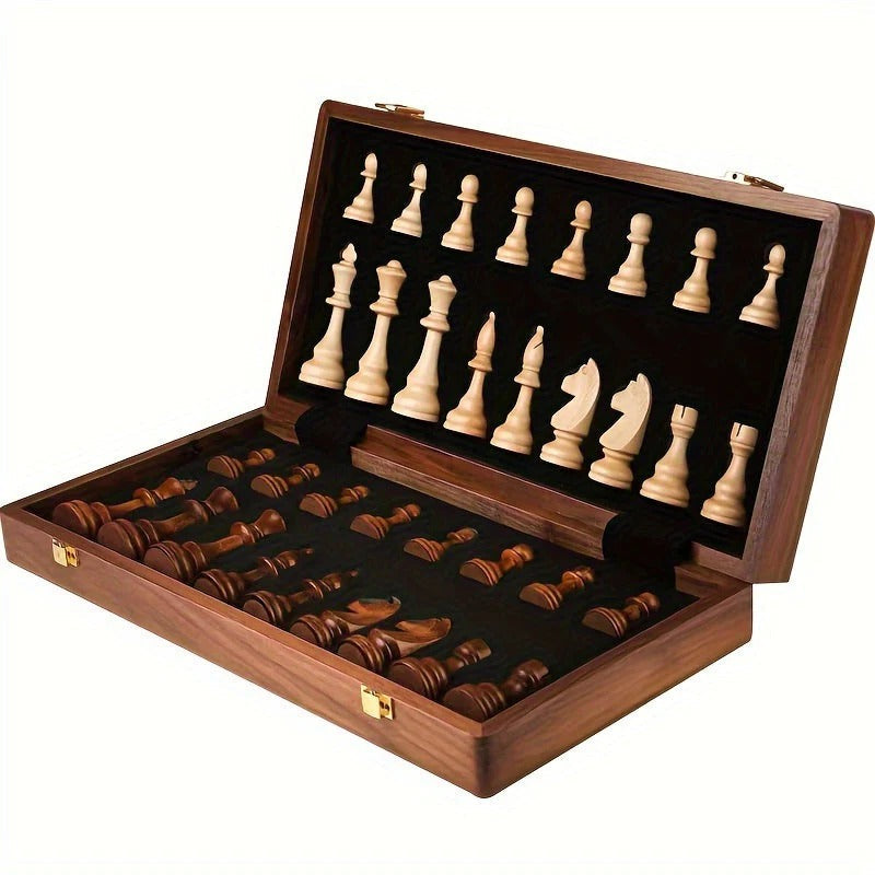 Chess Set with 34 Wooden Pieces and Brown Board, 15.7 Inch