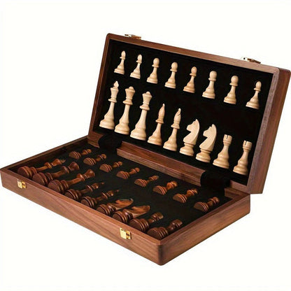 Chess Set with 34 Wooden Pieces and Brown Board, 15.7 Inch