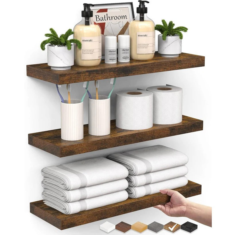 Rustic Wooden Wall Mounted Hanging Shelves for Bathroom and Bedroom Storage, Set of 3
