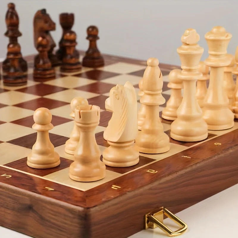 Chess Set with 34 Wooden Pieces and Brown Board, 15.7 Inch