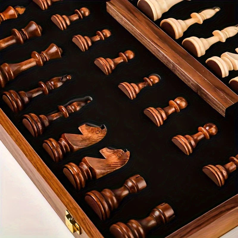 Chess Set with 34 Wooden Pieces and Brown Board, 15.7 Inch