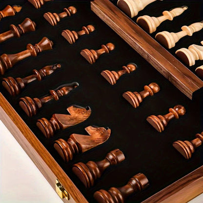Chess Set with 34 Wooden Pieces and Brown Board, 15.7 Inch