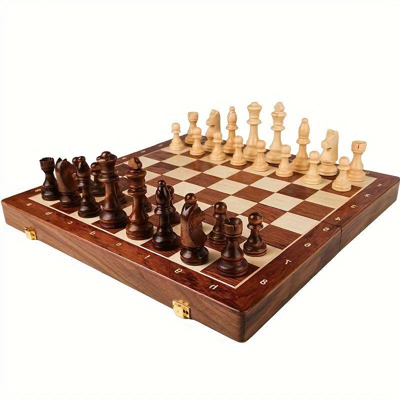 Chess Set with 34 Wooden Pieces and Brown Board, 15.7 Inch