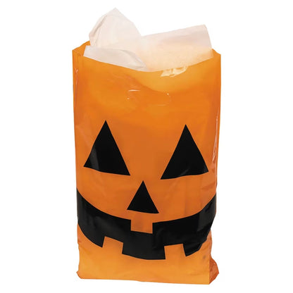 Large Plastic Halloween Bags Pack of 50 in Orange with Pumpkin Face and Handle Cutout for Candy Collecting