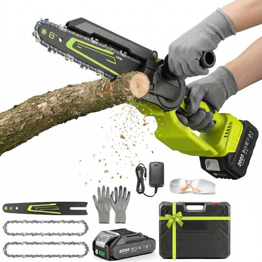 1000W Battery Powered Mini Chainsaw with 2 Batteries, 6 and 8 Inch Blade for Branch and Wood Cutting