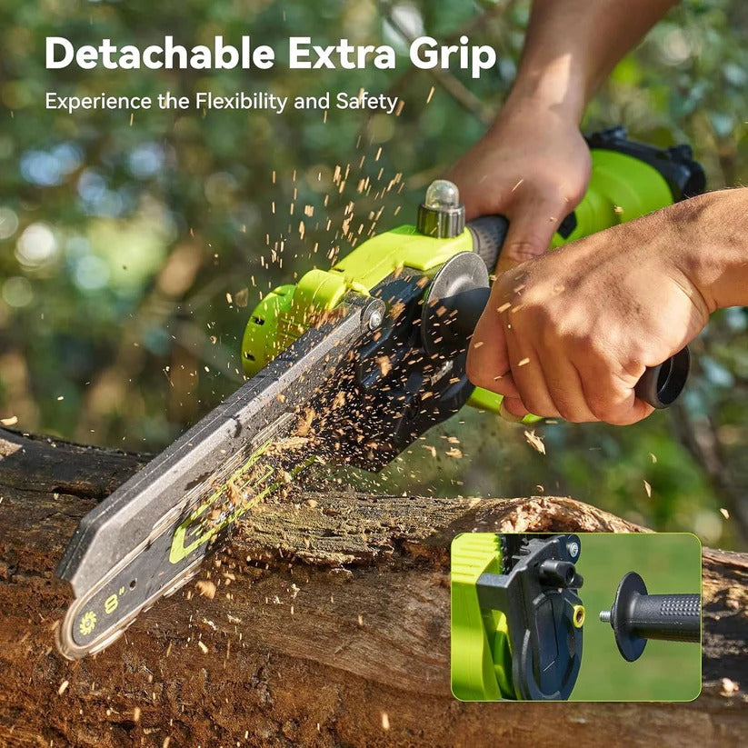 1000W Battery Powered Mini Chainsaw with 2 Batteries, 6 and 8 Inch Blade for Branch and Wood Cutting