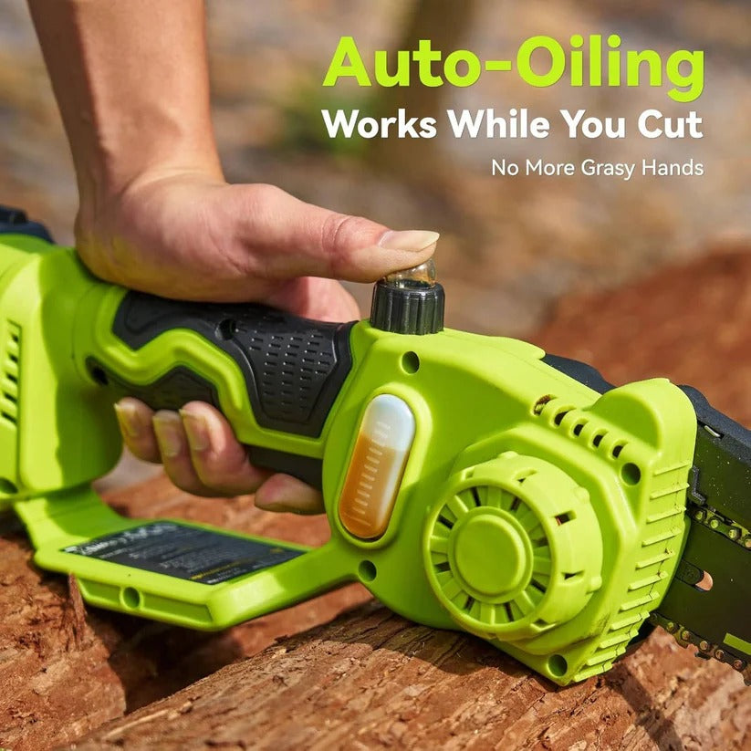1000W Battery Powered Mini Chainsaw with 2 Batteries, 6 and 8 Inch Blade for Branch and Wood Cutting
