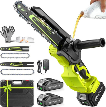 1000W Battery Powered Mini Chainsaw with 2 Batteries, 6 and 8 Inch Blade for Branch and Wood Cutting