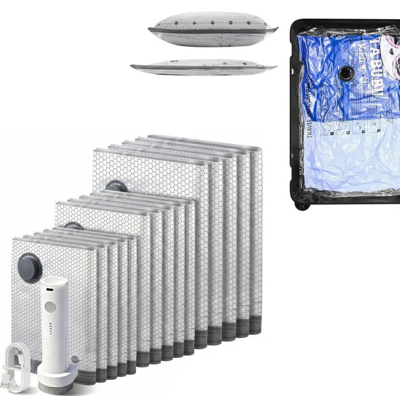 Cordless Vacuum Compression Bag Set with Hand Pump for Travel, 15 Piece
