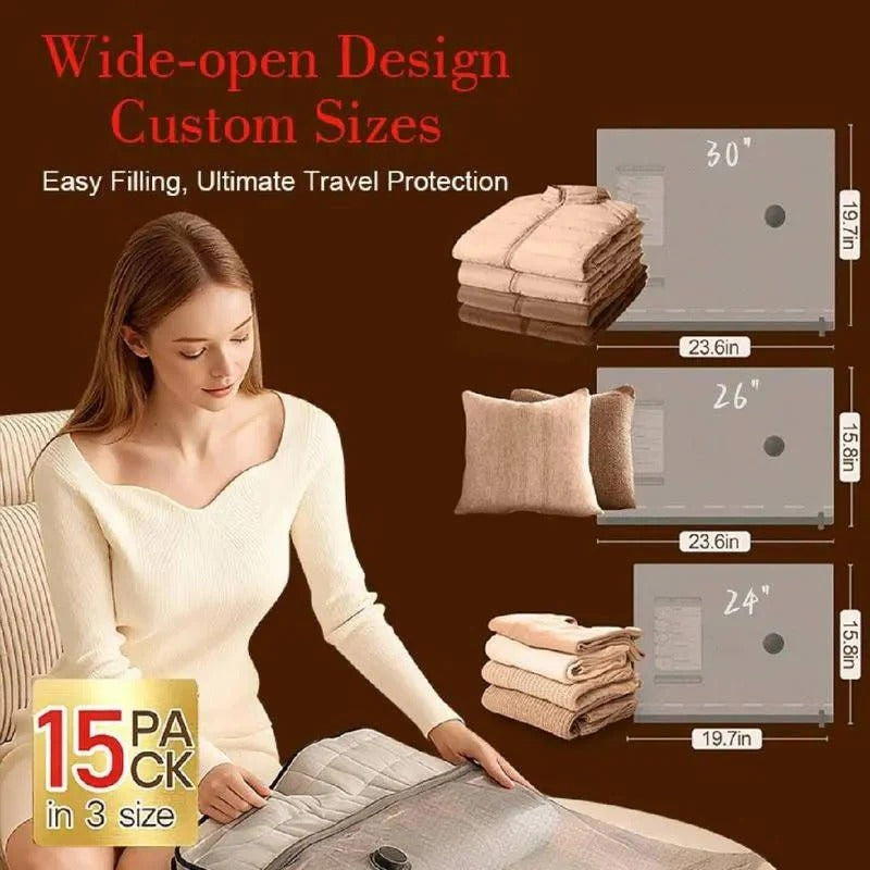 Cordless Vacuum Compression Bag Set with Hand Pump for Travel, 15 Piece
