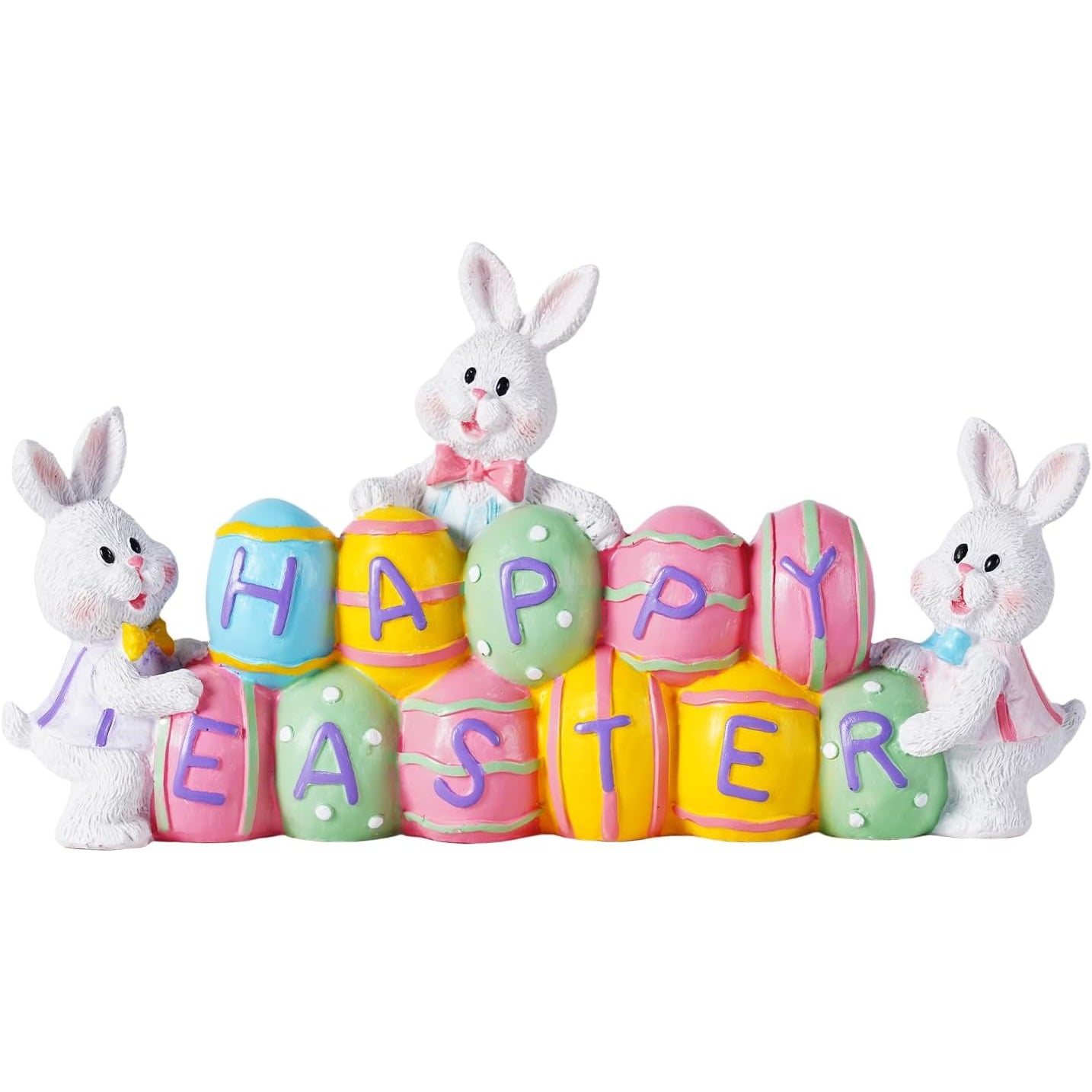 Easter Bunny Centerpiece with Hand Painted Eggs and Resin Construction, 4.7in Tall