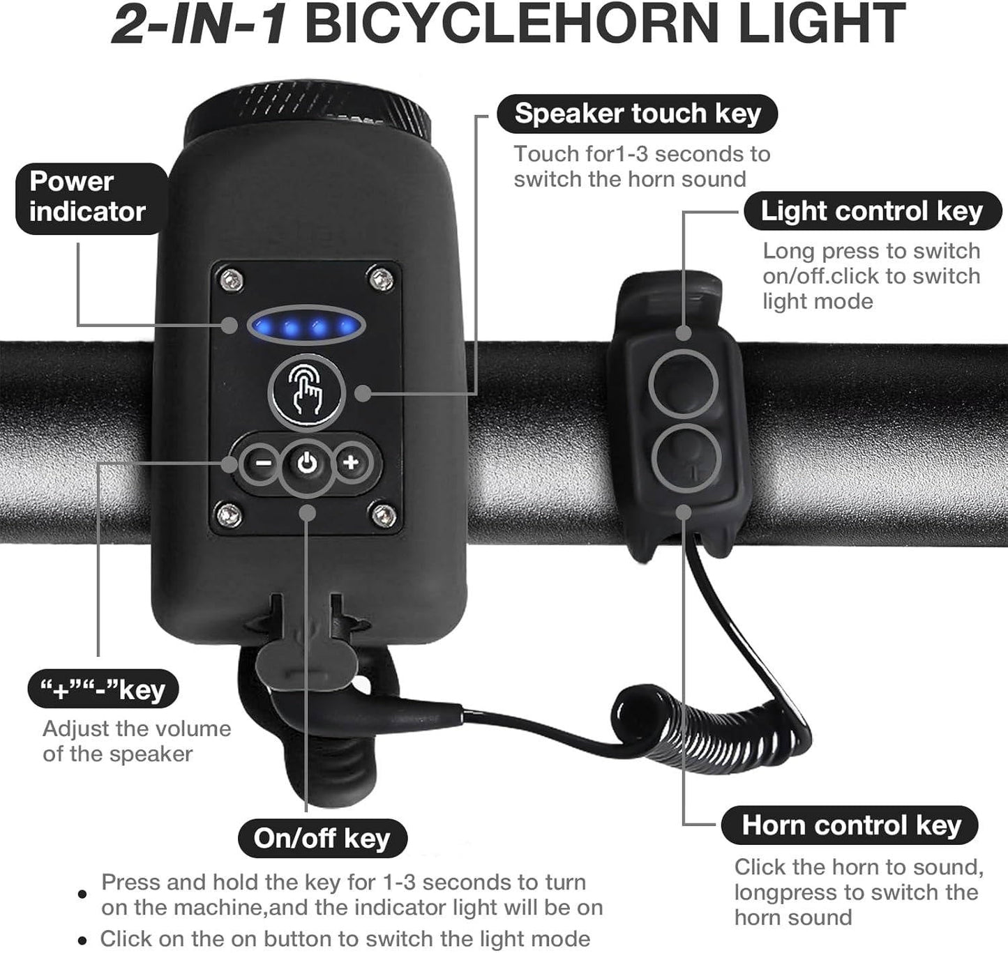 Bicycle Horn and Floodlight with 110dB Sound and 30m Range, IPX5 Waterproof