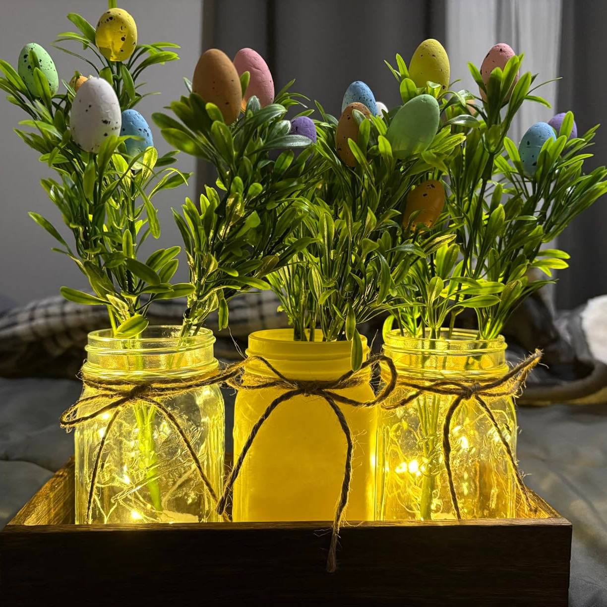 Rustic Wood Tray Centerpiece with Artificial Flowers and Built In LED Lights