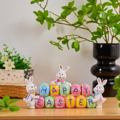 Easter Bunny Centerpiece with Hand Painted Eggs and Resin Construction, 4.7in Tall