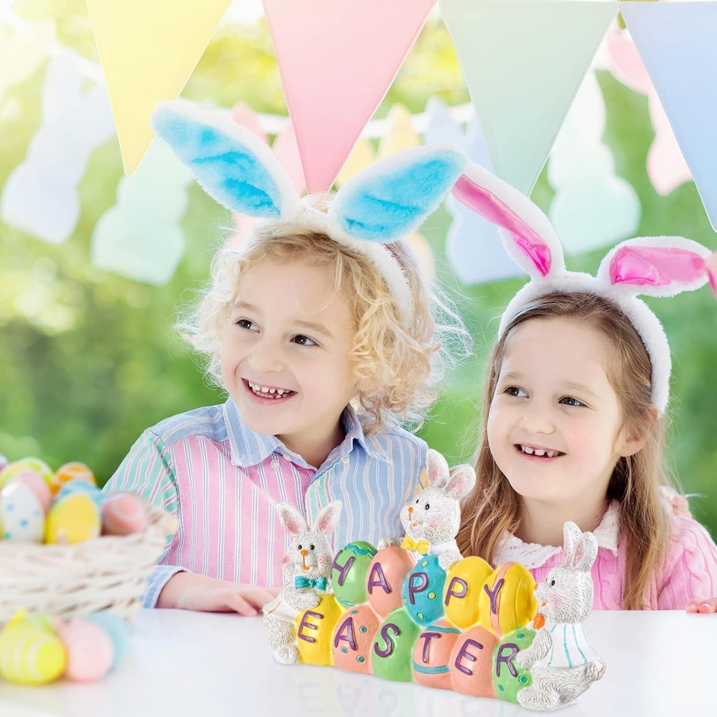 Easter Bunny Centerpiece with Hand Painted Eggs and Resin Construction, 4.7in Tall